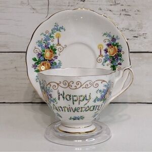 Vintage Princess Anne HAPPY ANNIVERSARY Tea Cup & Saucer Set PRICE FIRM